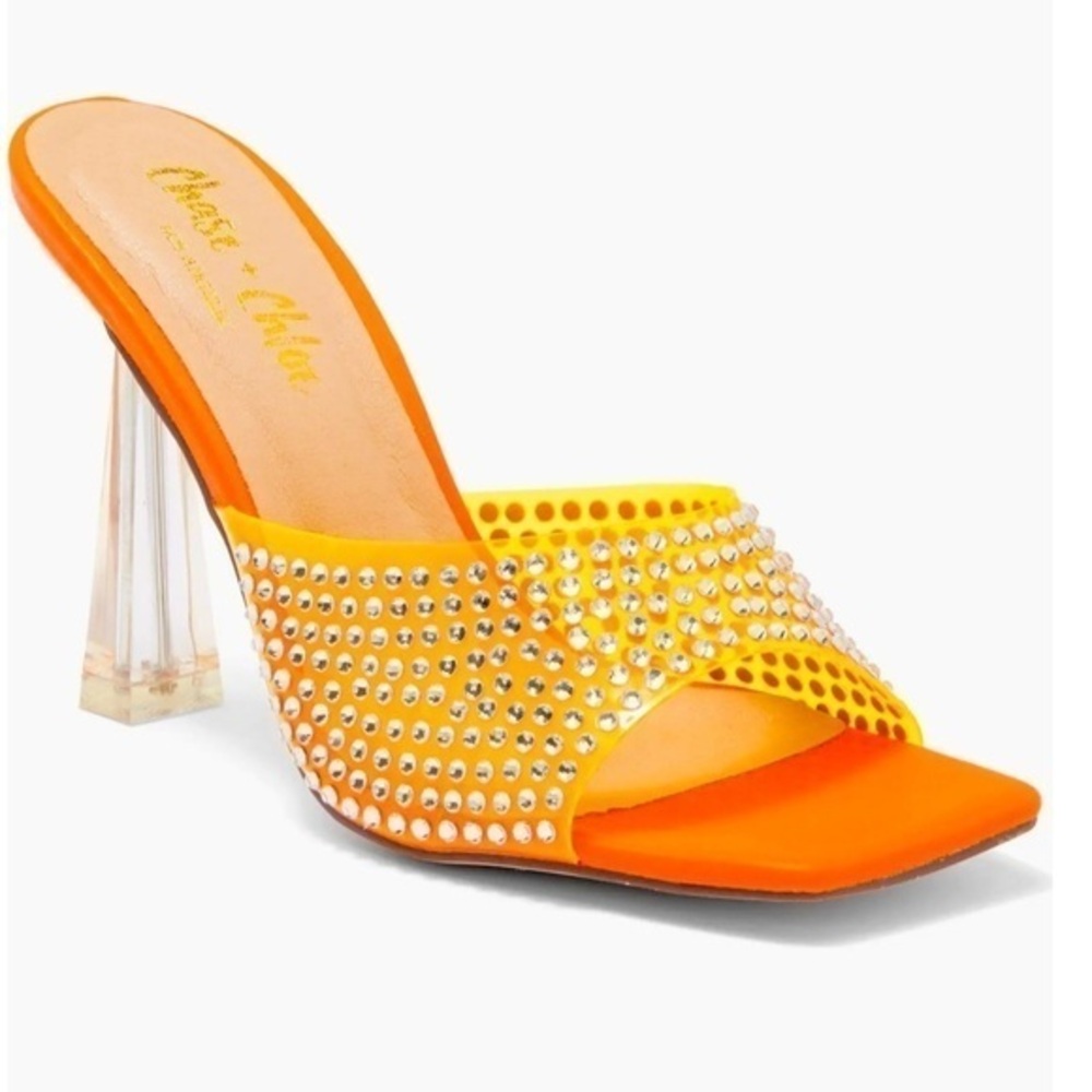 CHASE AND CHLOE Rhinestone Crystal Clear Vamp Strap Slide Mule Heeled Sandal